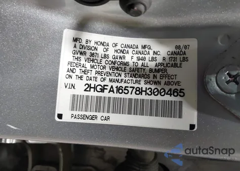 2008 Honda Civic Lx из США, поврежденный, VIN 2HGFA16578H300465